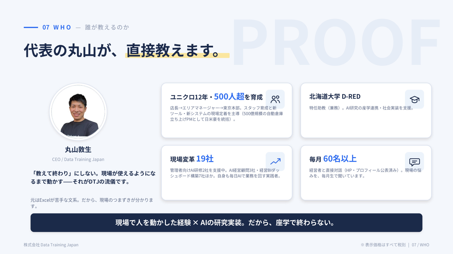 スライド:代表の丸山が、直接教える(通算500人超を育成)