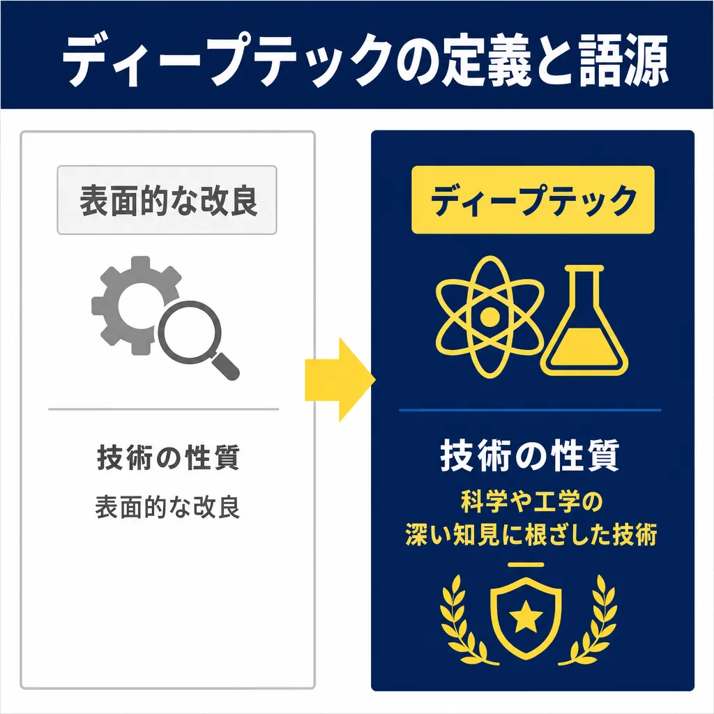 左に表面的な改良(歯車と虫眼鏡)、矢印の右にディープテックとして原子・フラスコ・盾の紋章アイコンが縦に並ぶ。