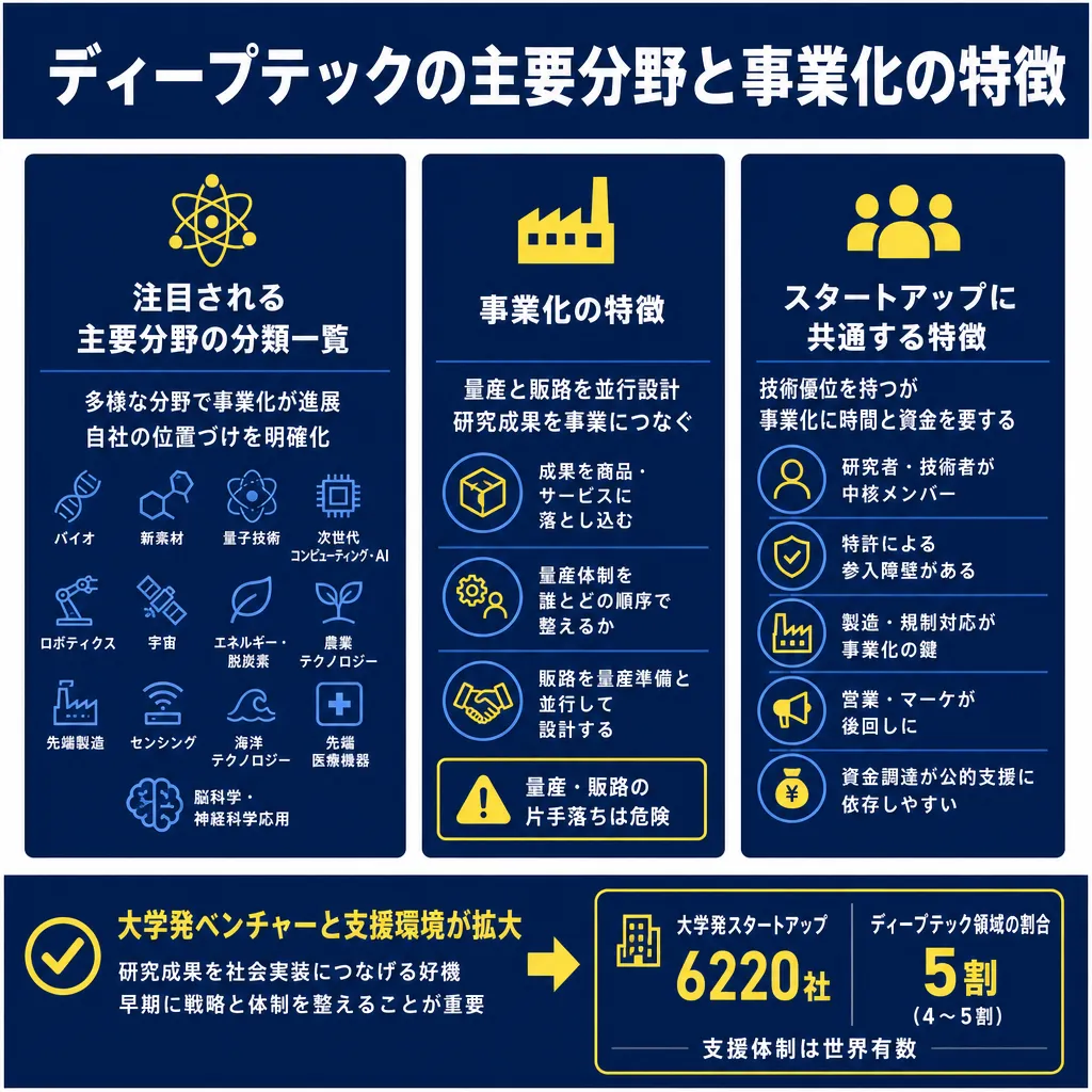 3列構成の図解。左列に13分野のアイコン一覧、中列に事業化の3論点と警告、右列にスタートアップ共通の5特徴を列挙。