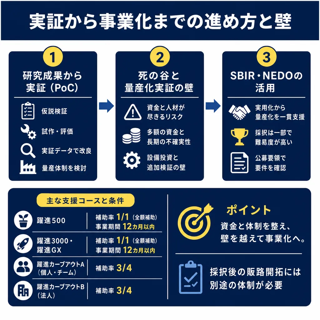 3段階のフロー図と支援コース一覧。PoC・死の谷・SBIR活用の順に並び、各コースの補助率と期間を示す。