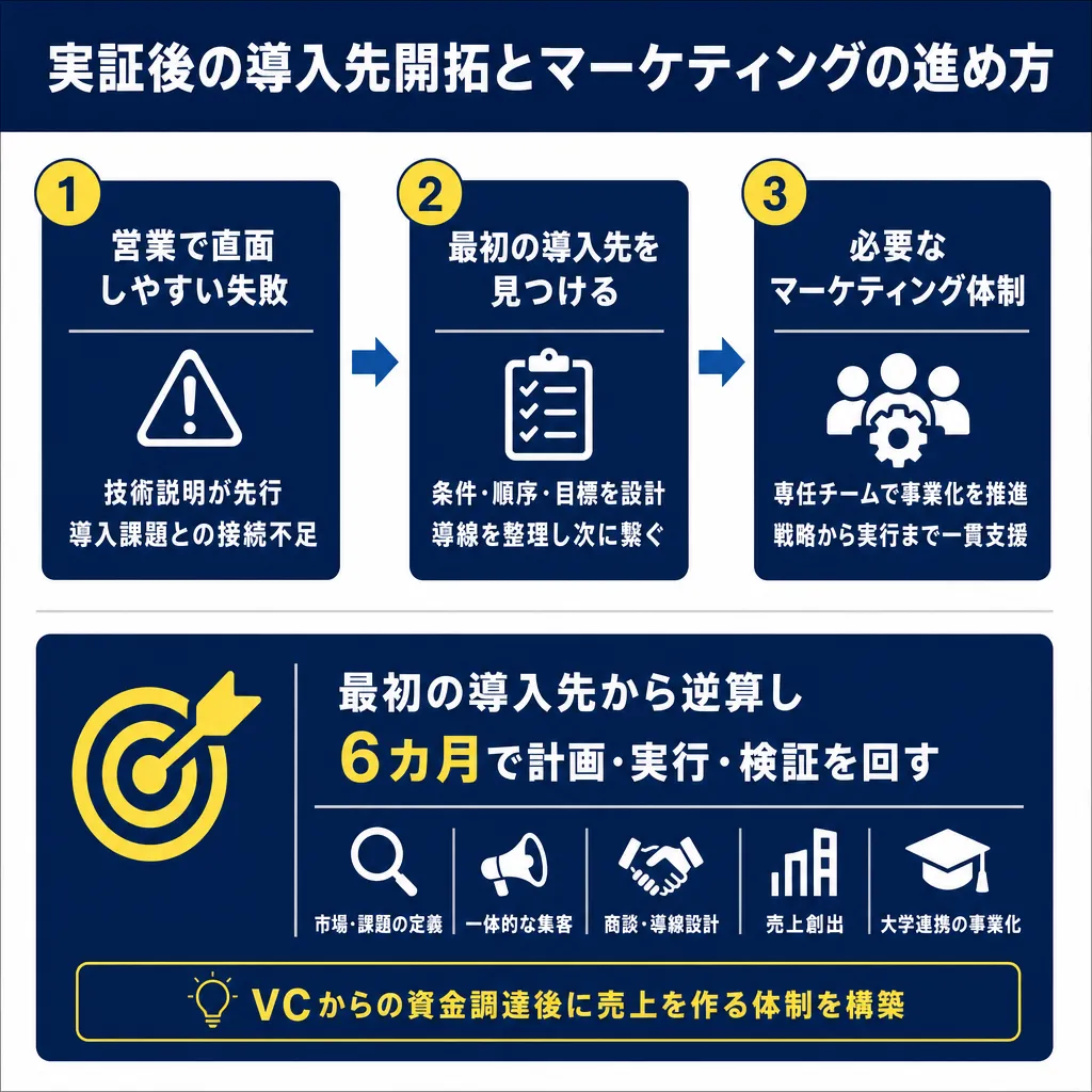 3ステップの図解。①営業で直面しやすい失敗、②最初の導入先を見つける、③必要なマーケティング体制が横並びに配置され、下部