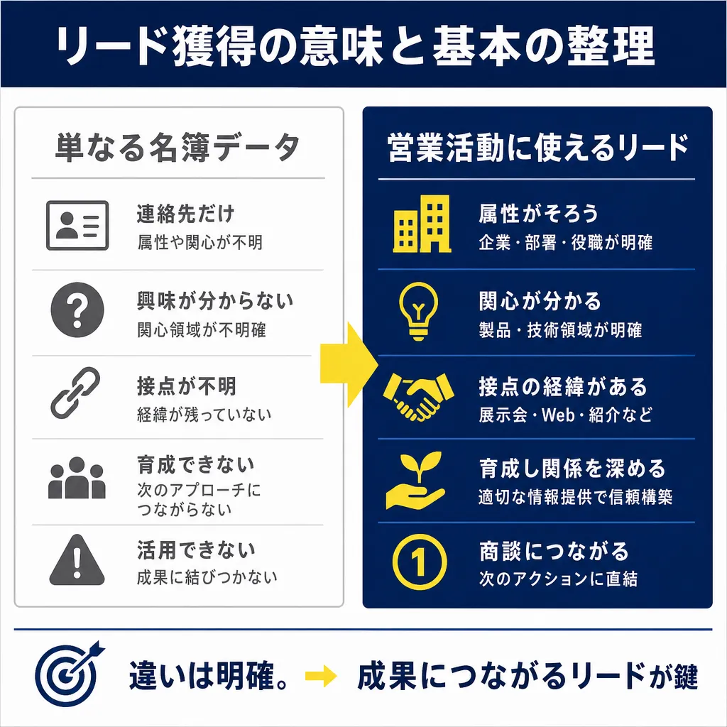 左列に「単なる名簿データ」の5つの課題、右列に「営業活動に使えるリード」の5つの条件をアイコン付きで対比した図。下部に「