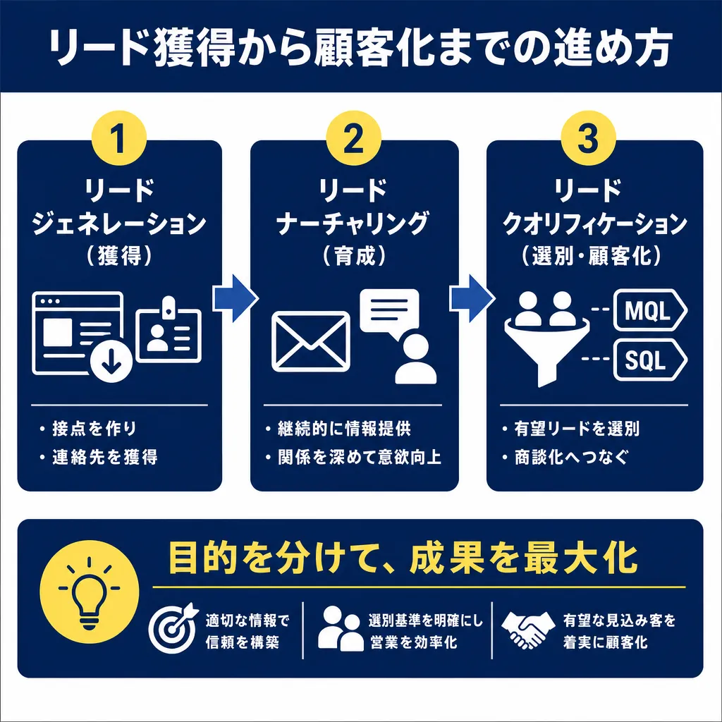 3段階のフロー図。左から「リードジェネレーション（獲得）」「リードナーチャリング（育成）」「リードクオリフィケーション（