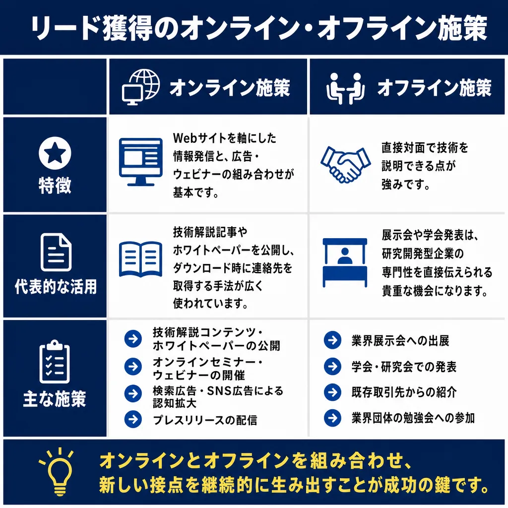特徴・代表的な活用・主な施策の3行×オンライン・オフラインの2列で構成された比較表。