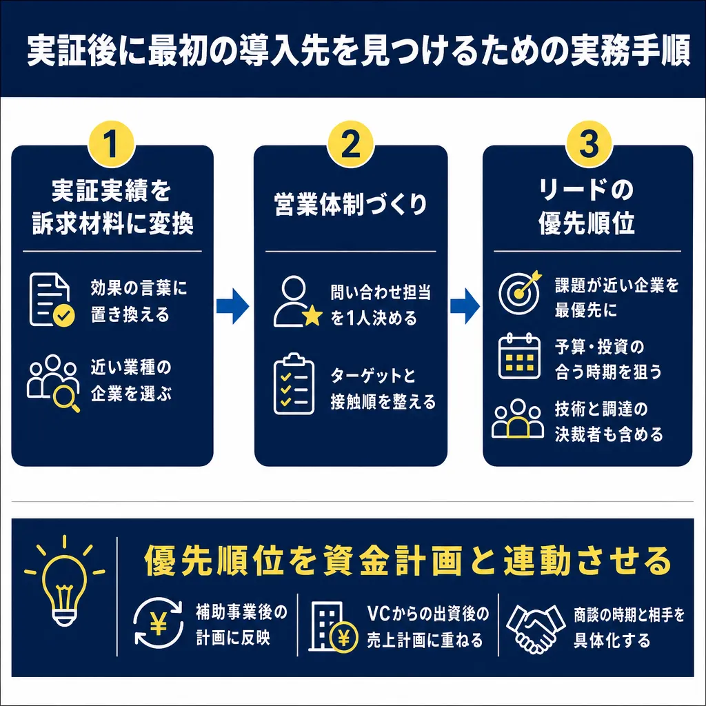 3ステップの図解。実証実績を訴求材料に変換、営業体制づくり、リードの優先順位の順に矢印でつながり、下部に資金計画との連動