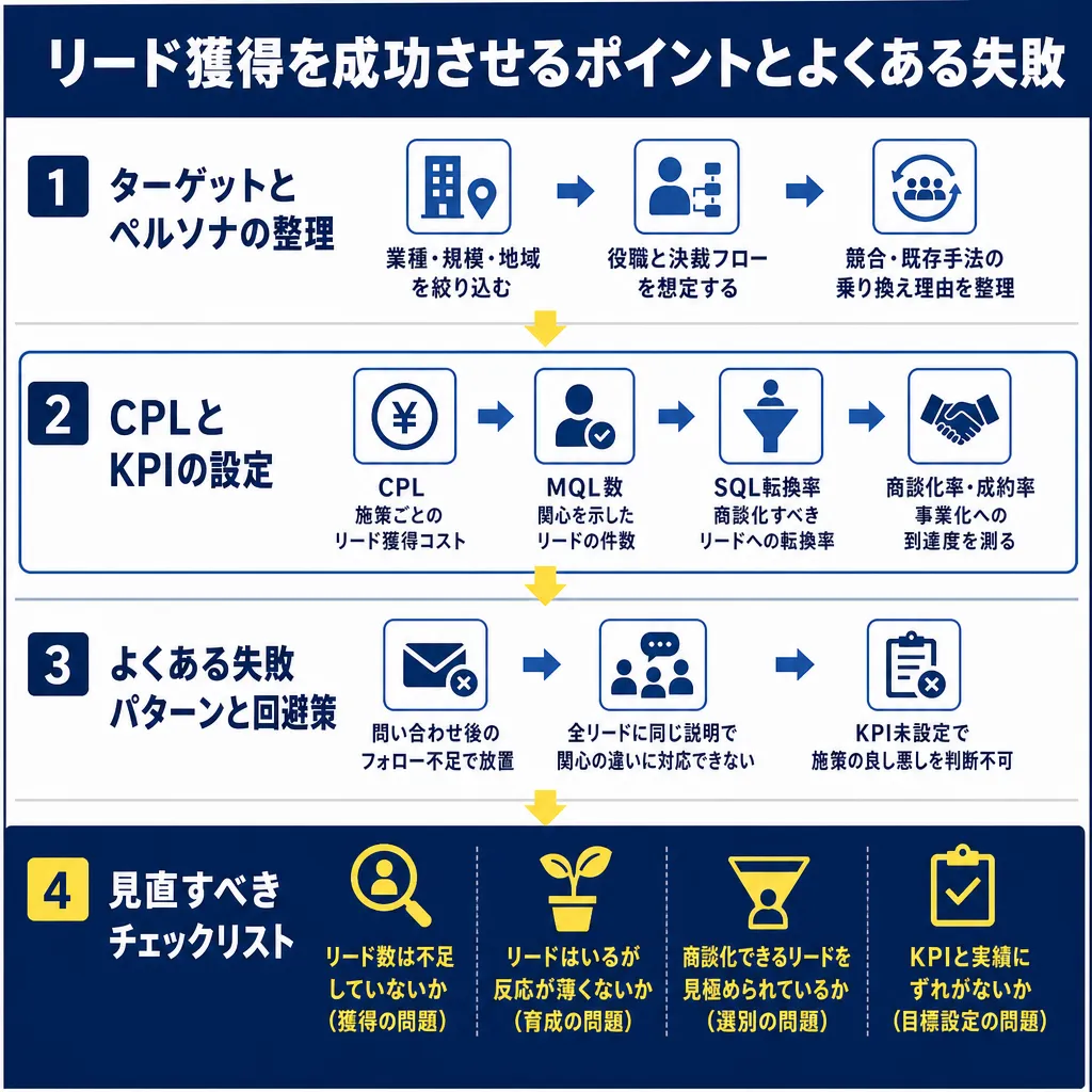 4段構成の図解。ターゲット整理・CPLとKPI設定・失敗パターン・見直しチェックリストの順に矢印でつながる。
