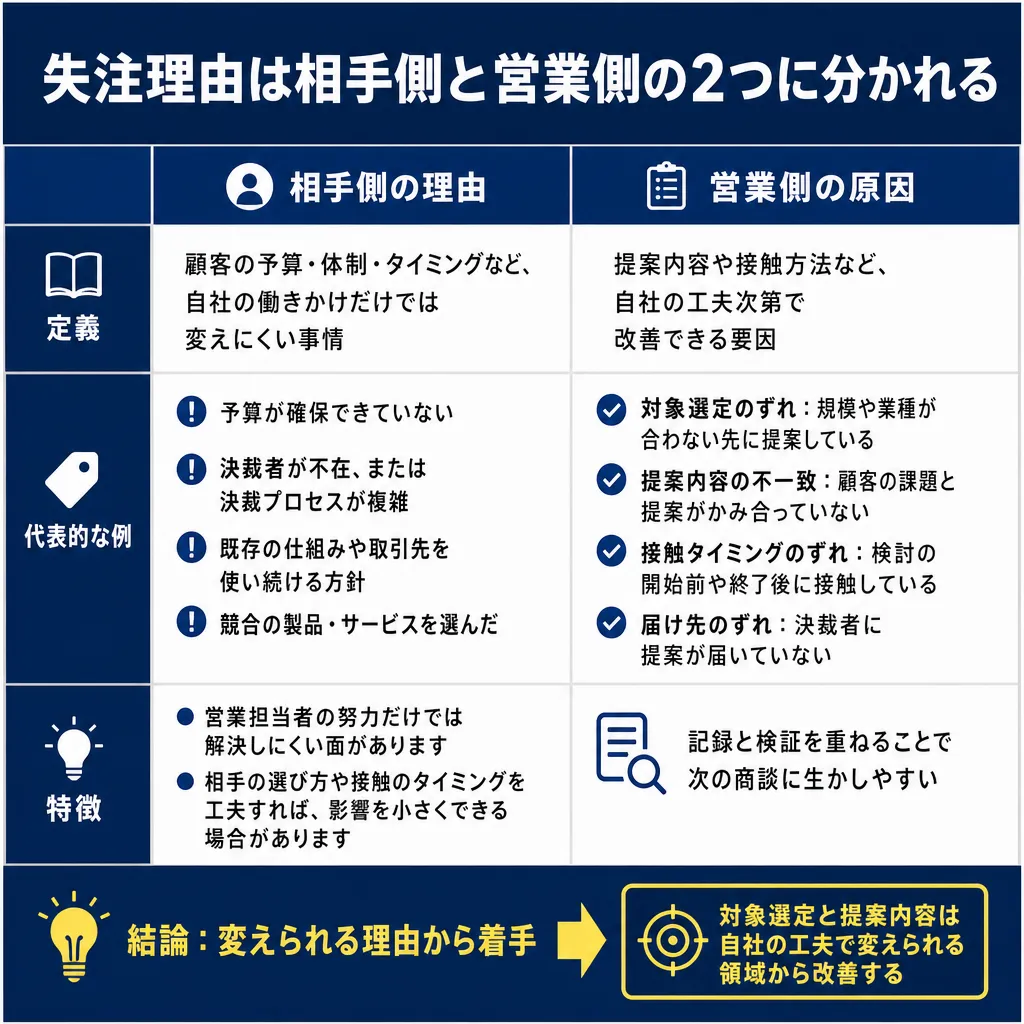 2列の表で相手側の理由と営業側の原因を定義・具体例・特徴の3行に分けて比較し、結論を下部に示した図。