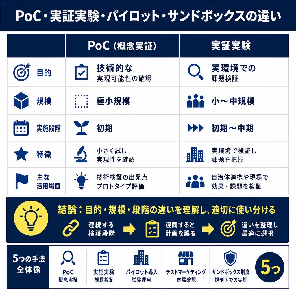 PoCと実証実験を目的・規模・実施段階・特徴・活用場面の5項目で比較した表と、5つの手法の全体像を示す図。