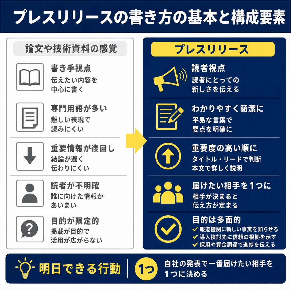 左列に論文・技術資料の5つの特徴、右列にプレスリリースの対応する5つの書き方の原則が並び、下部に明日できる行動を示す図。