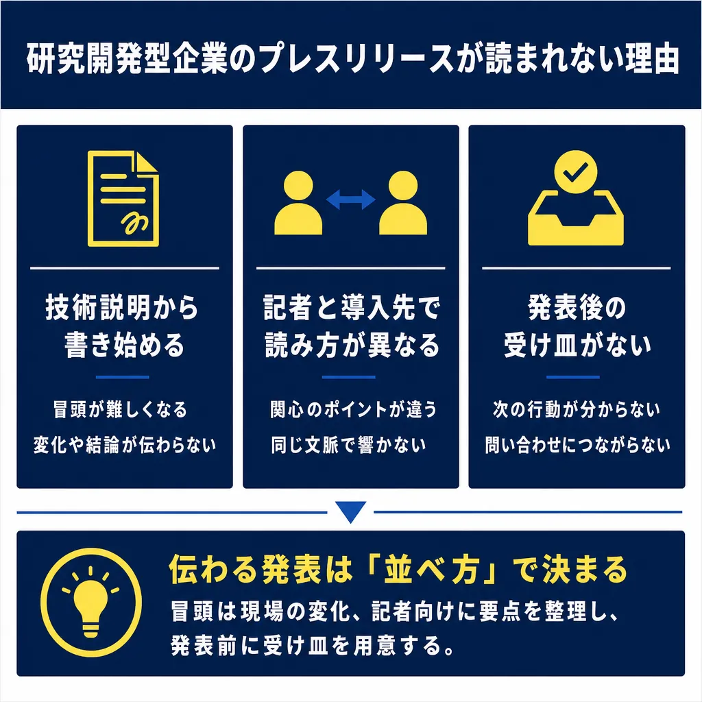 3列の図解。左から「技術説明から書き始める」「記者と導入先で読み方が異なる」「発表後の受け皿がない」と並び、下部に解決策
