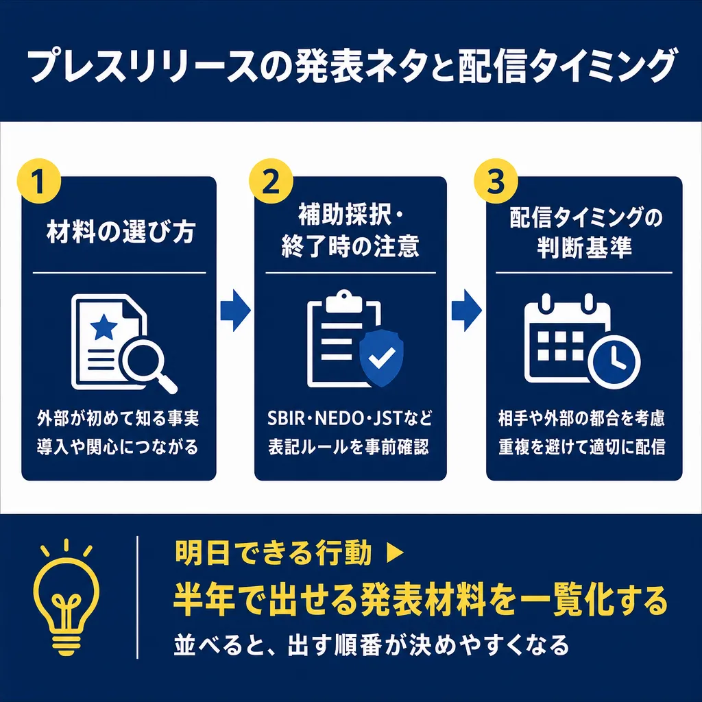 3つのカードが左から右へ並び、①材料の選び方、②補助採択・終了時の注意、③配信タイミングの判断基準とアイコンで示されてい
