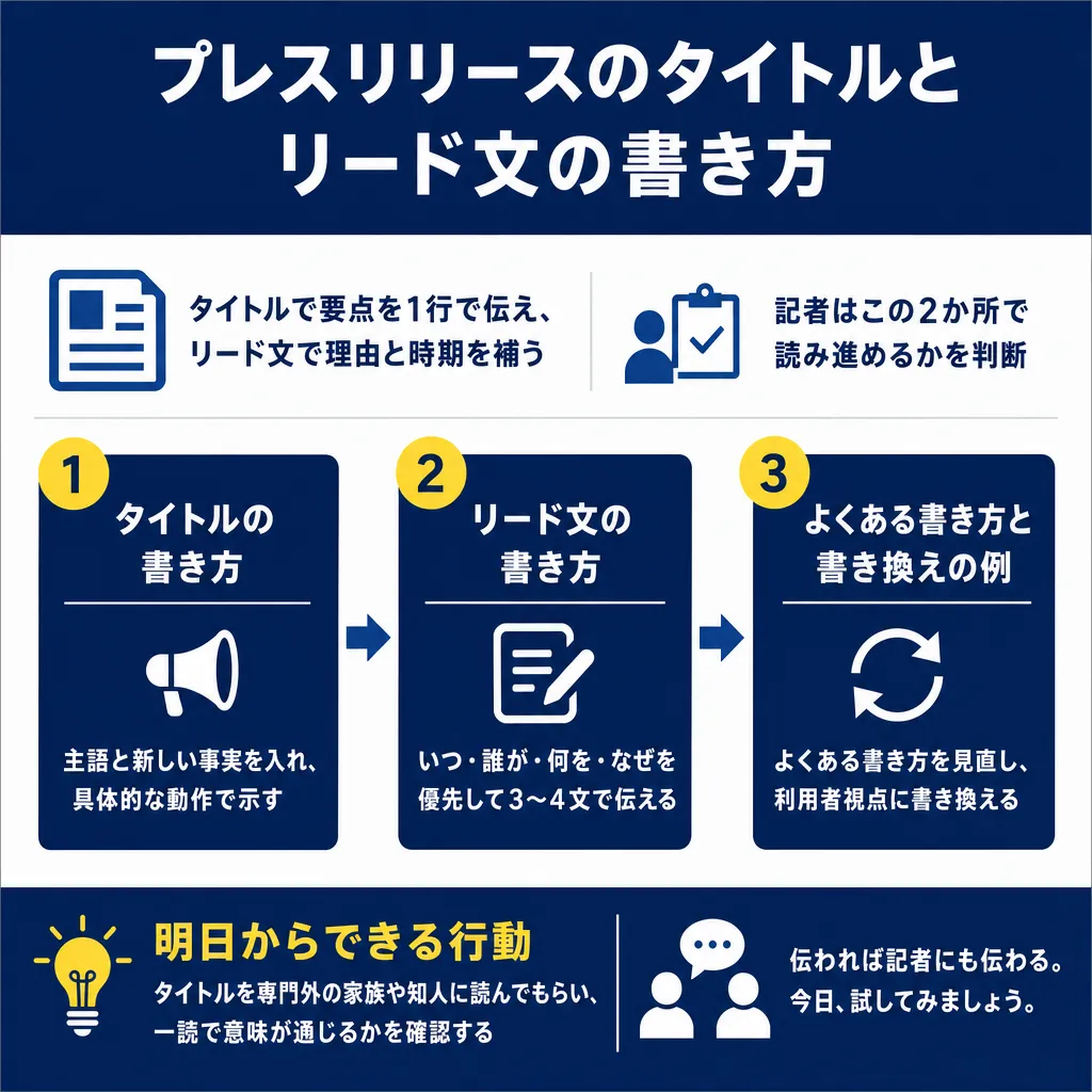 3ステップの図解。左からタイトルの書き方、リード文の書き方、よくある書き方と書き換えの例が矢印でつながり、下部に明日から