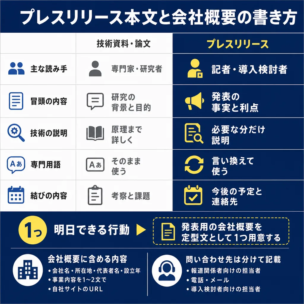 技術資料とプレスリリースの書き方を5項目で比較した表と、会社概要・問い合わせ先の記載内容を示す図解。