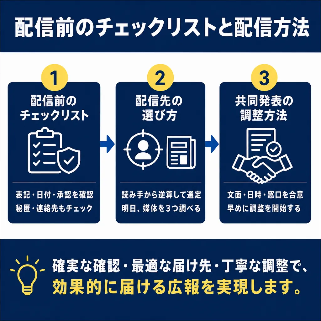 3段階のフロー図。左から「配信前のチェックリスト」「配信先の選び方」「共同発表の調整方法」が矢印でつながり、各手順のアイ