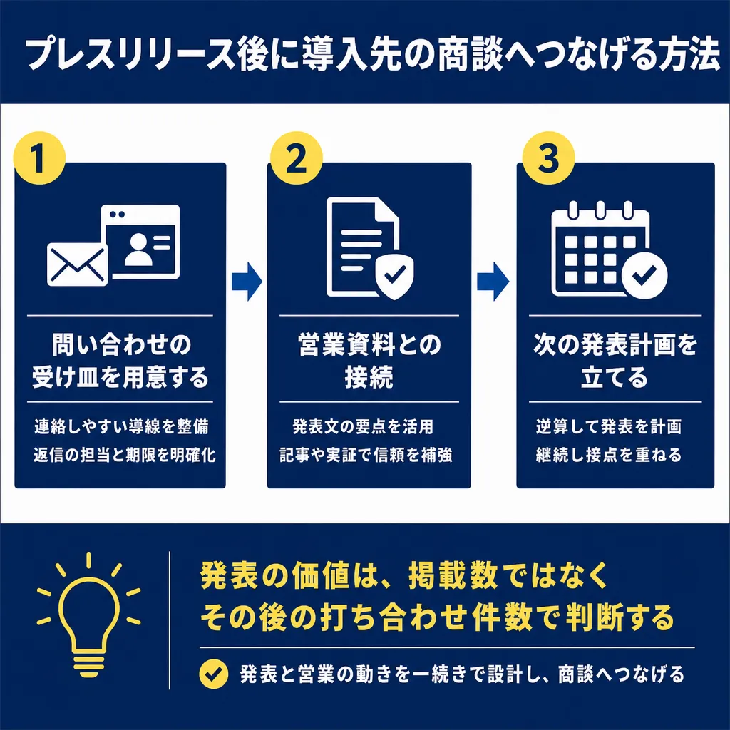 3ステップのフロー図。左から「問い合わせの受け皿を用意する」「営業資料との接続」「次の発表計画を立てる」が矢印でつながる