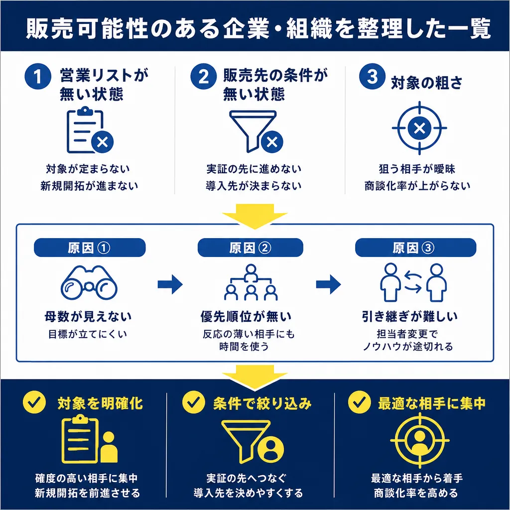 3つの課題(営業リスト無し・条件無し・対象の粗さ)と3つの原因(母数不明・優先順位無し・引き継ぎ困難)が矢印でつながり、解決策3項目が下部に並ぶ図。