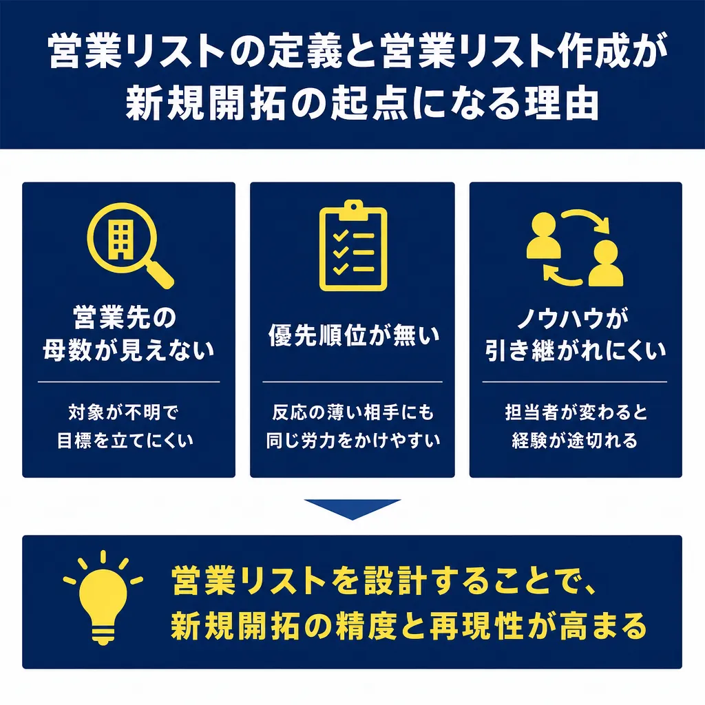 3列のカード形式で「母数が見えない」「優先順位が無い」「ノウハウが引き継がれにくい」の課題を示し、下部に結論をまとめた図。