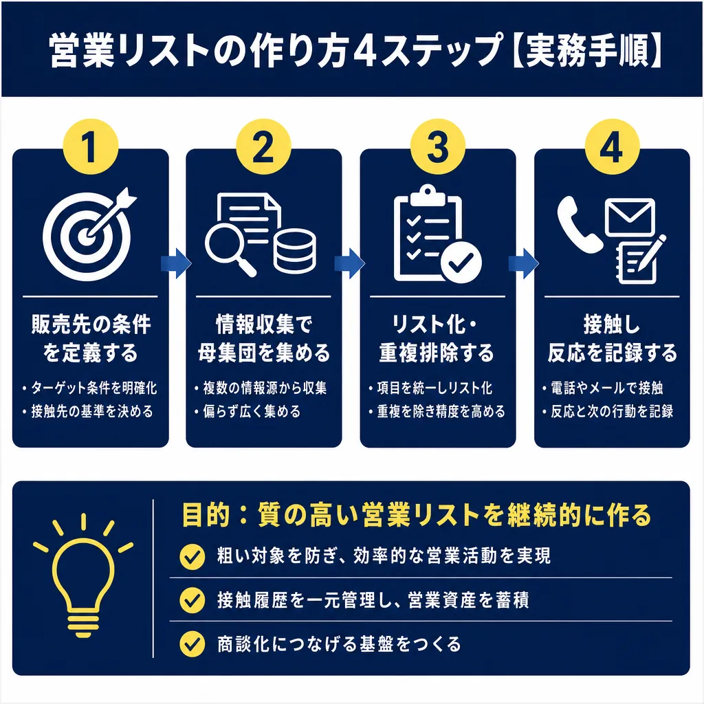 4つのカード型ステップが左から右に矢印でつながり、各ステップにアイコンと要点が記載されている。下部に目的と3つの効果を記載したまとめ欄がある。