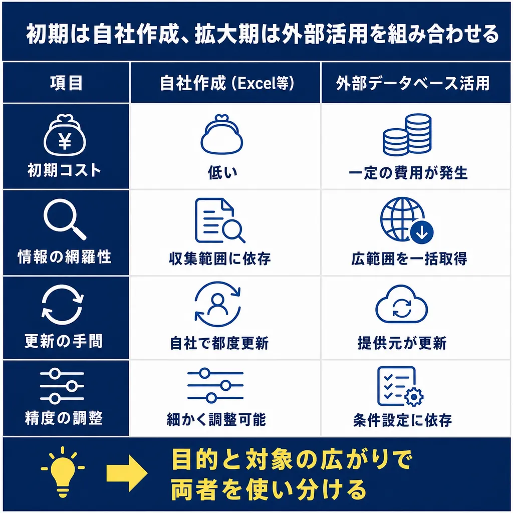 4項目(初期コスト・情報の網羅性・更新の手間・精度の調整)を行、自社作成と外部データベース活用を列とした比較表。各セルにアイコンと説明文を掲載。