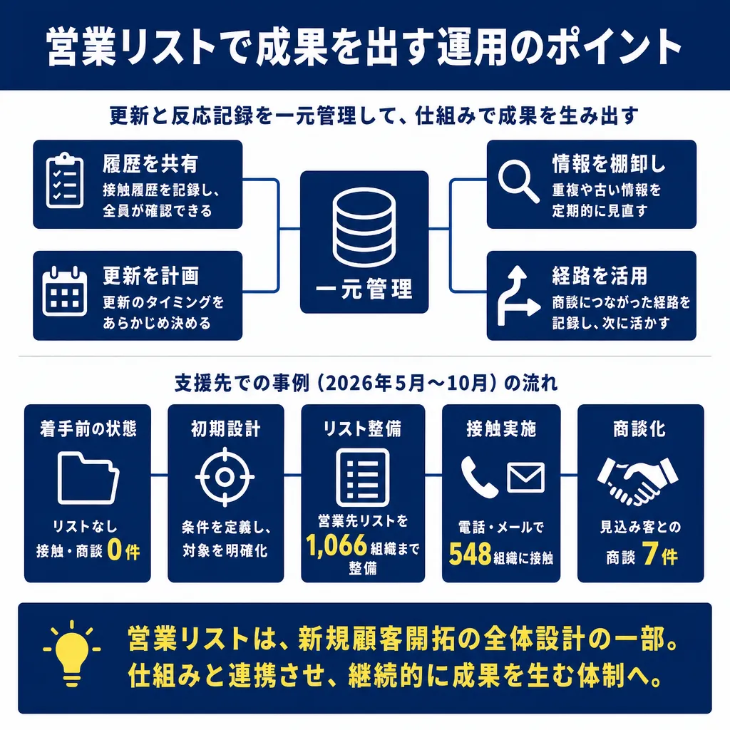 上部に一元管理の4要素(履歴共有・更新計画・情報棚卸・経路活用)、下部に着手前から商談化までの5段階の流れを図示。