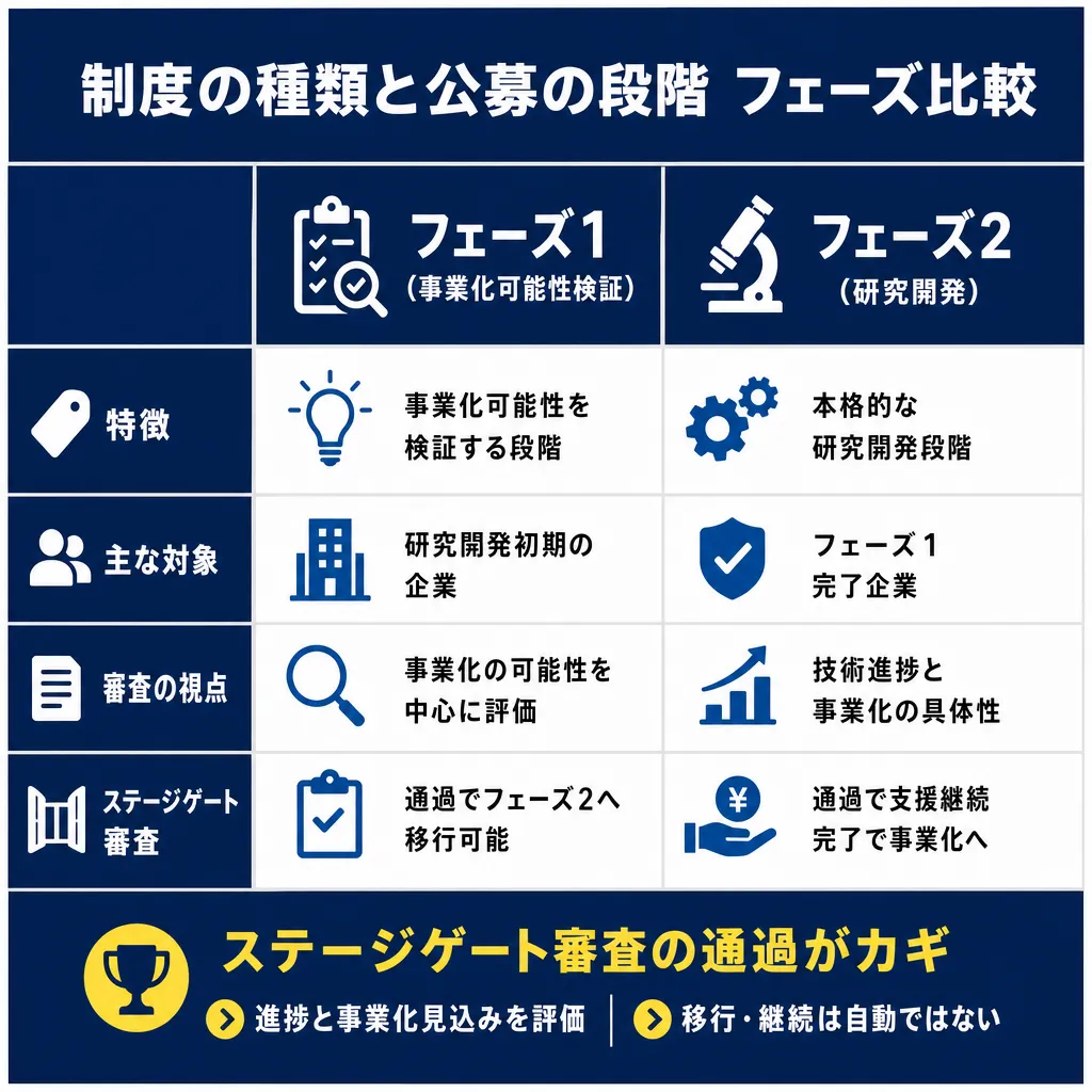 フェーズ1と2を列とし、特徴・主な対象・審査の視点・ステージゲート審査の4行で比較した表形式の図解。