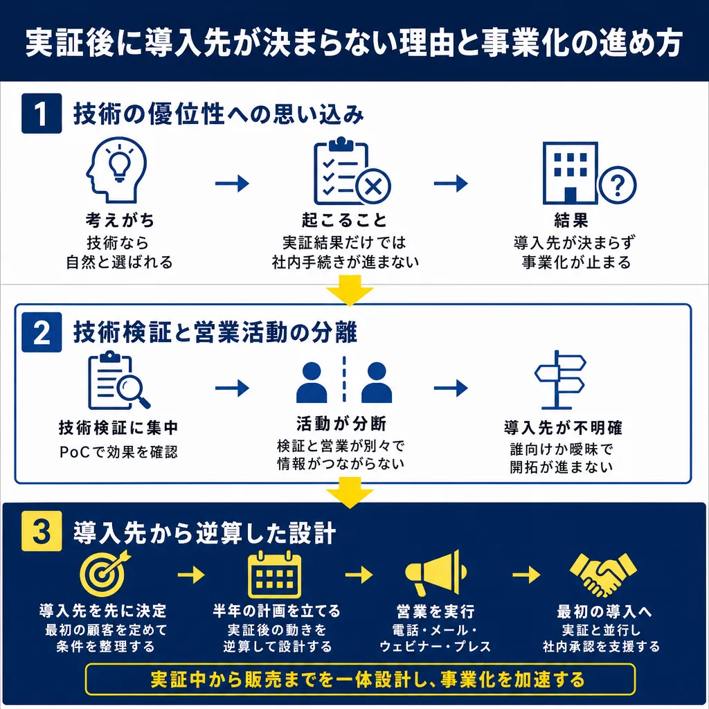 3段構成のフロー図。①技術優位性への思い込みで事業化が止まる、②検証と営業の分断で導入先が不明確になる、③導入先から逆算
