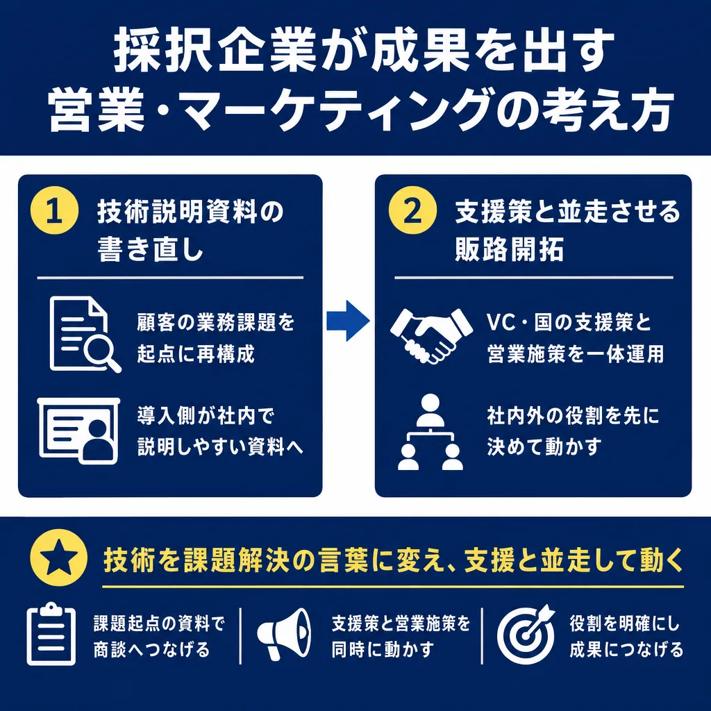 2列の図解。左に技術説明資料の書き直し(課題起点の再構成・社内説明しやすい資料)、右に支援策と並走する販路開拓(VC・国