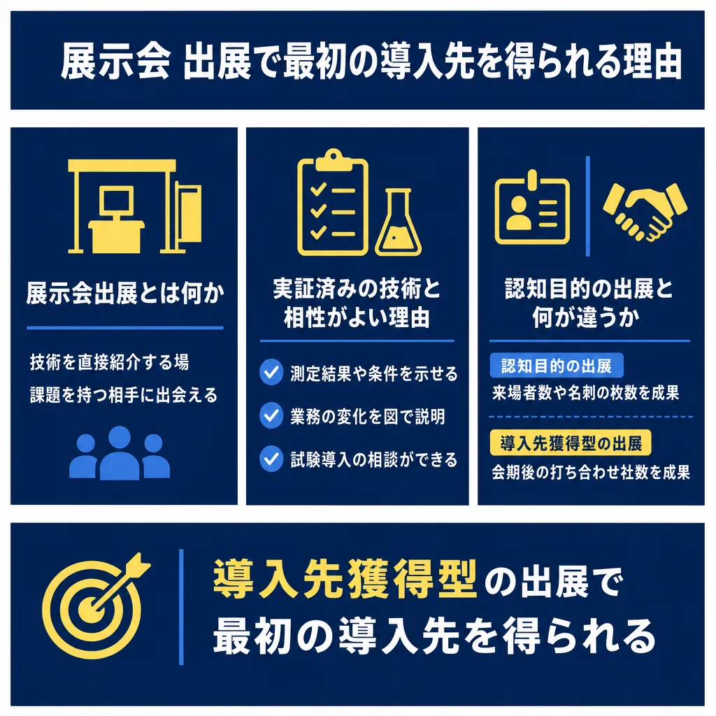 3列の図解。左に展示会出展の説明、中央に実証済み技術との相性理由3点、右に認知目的と導入先獲得型の出展の違いを並べ、下部