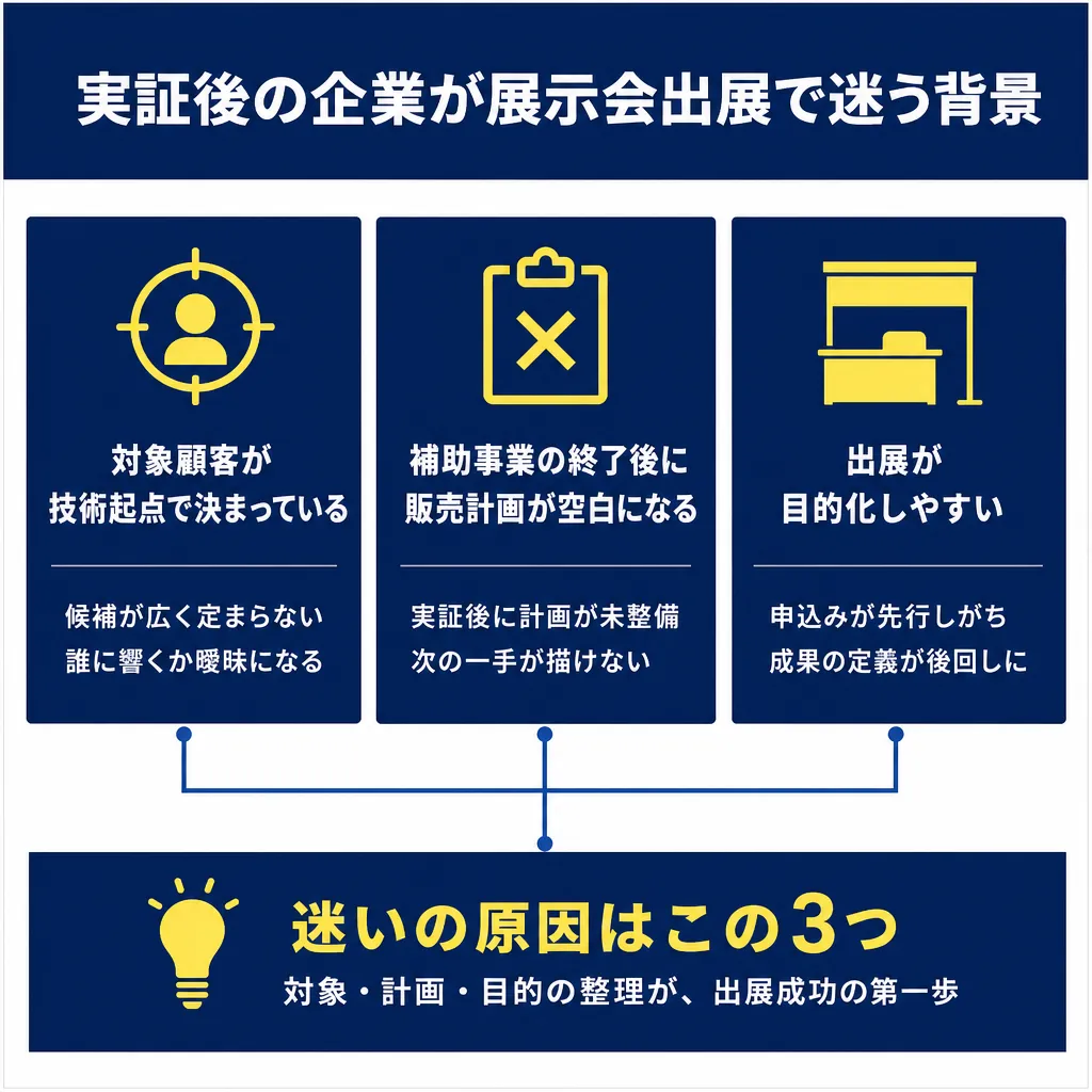 3列の図解。左から対象顧客・販売計画・出展目的の課題を示すカードが並び、下部に迷いの原因は3つと結論をまとめる。