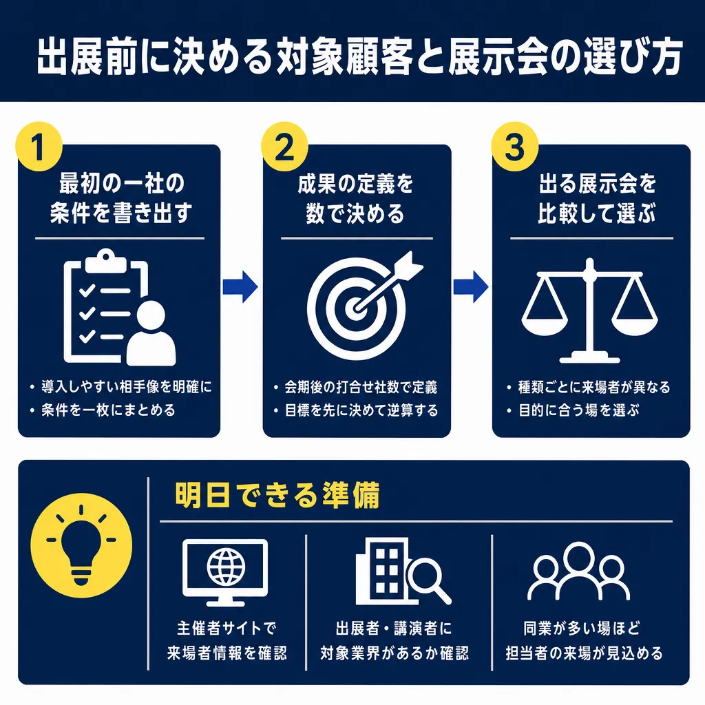 3ステップの横並びフロー図。①条件を書き出す②成果を数で決める③展示会を比較して選ぶ。下部に明日できる準備として3項目を