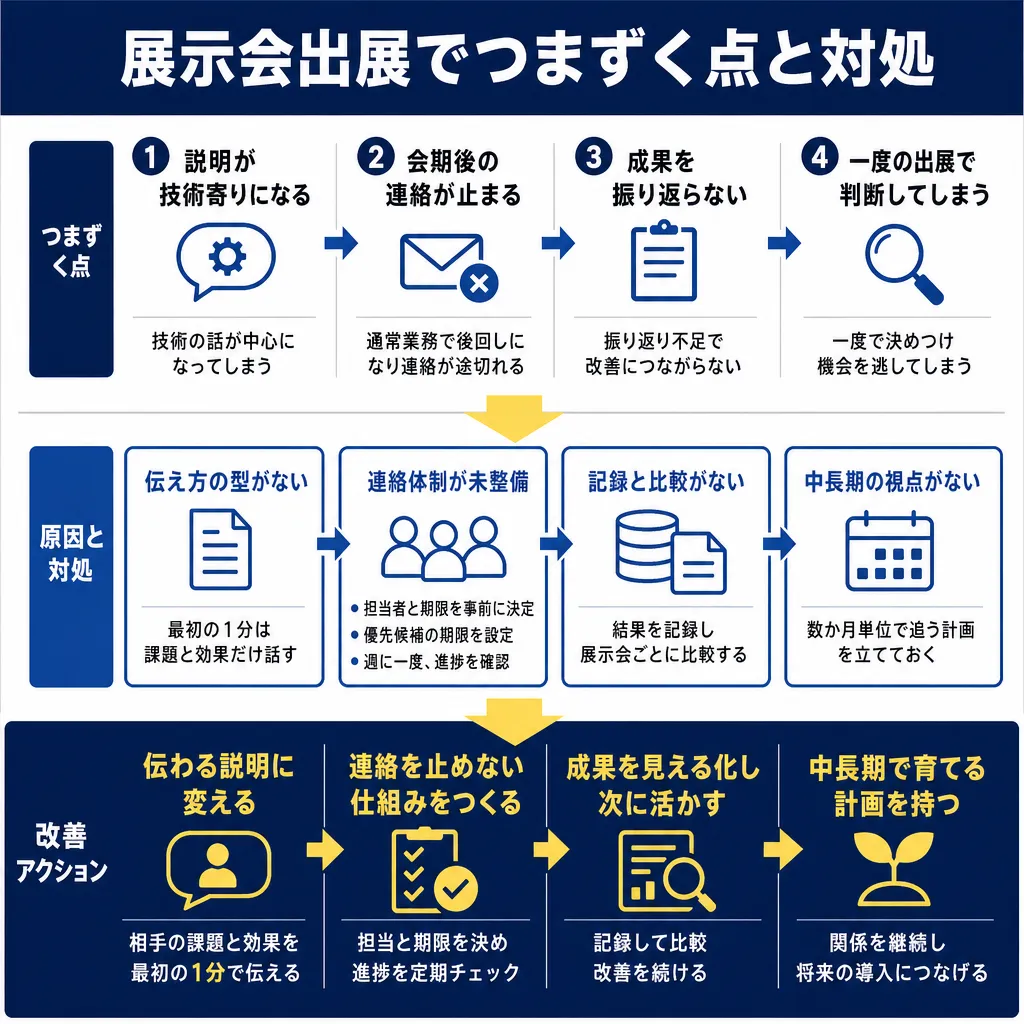 つまずく点・原因と対処・改善アクションの三段構成で、四つの項目が左から右へ矢印でつながる図。
